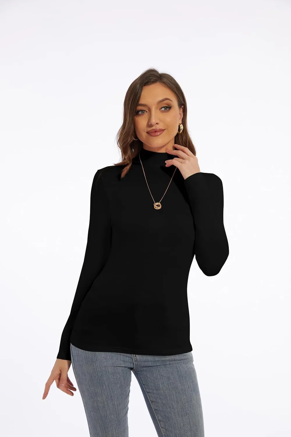 Womens Long Sleeve Mock Turtleneck Lightweight Shirts Slim Fitted Base Layer Tee Tops High Neck Undershirt