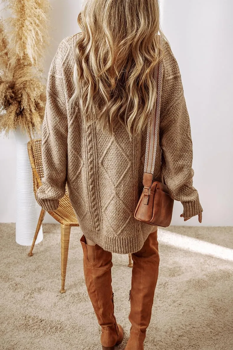Womens Loose Long Sleeve Cable Knit Pullover Sweater Dress Casual Slouchy Crew Neck Knitted Mini Dress