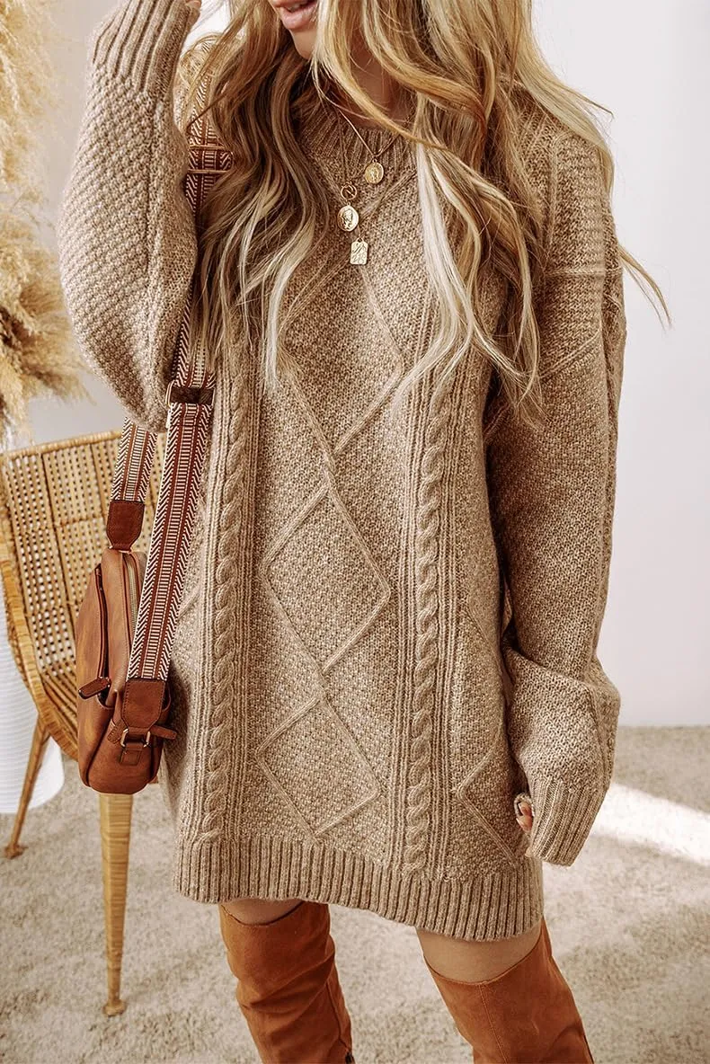 Womens Loose Long Sleeve Cable Knit Pullover Sweater Dress Casual Slouchy Crew Neck Knitted Mini Dress