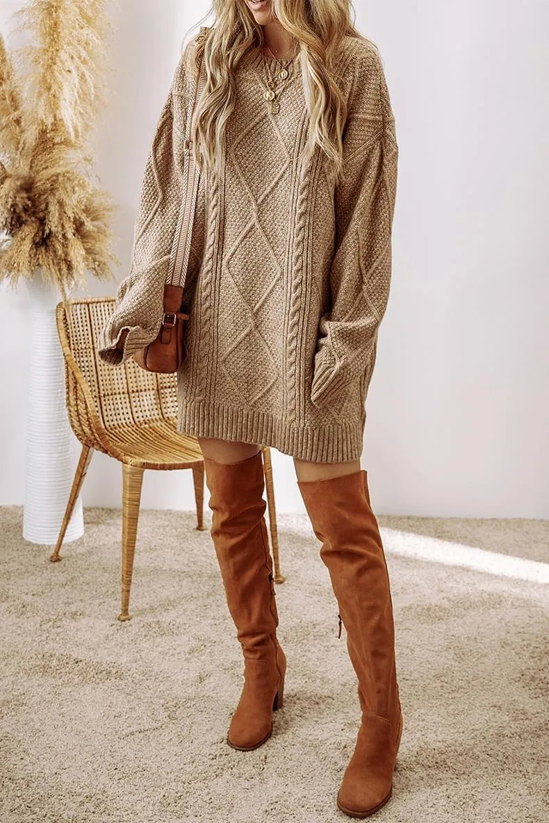 Womens Loose Long Sleeve Cable Knit Pullover Sweater Dress Casual Slouchy Crew Neck Knitted Mini Dress
