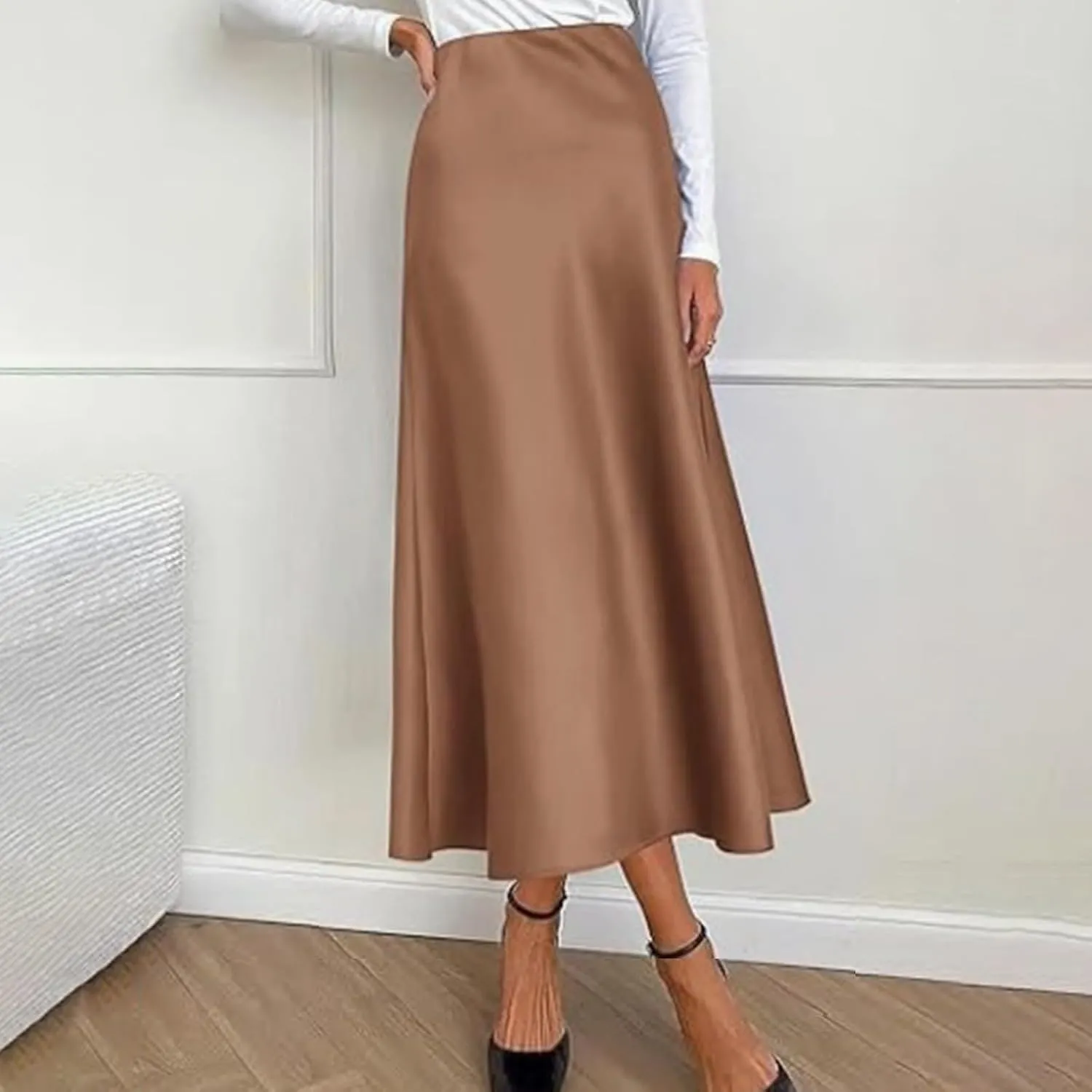 Women's Satin Silk Maxi Skirts High Waist Hidden Elasticized Waistband Flared Casual A Line Midi Skirt Cocktail Party