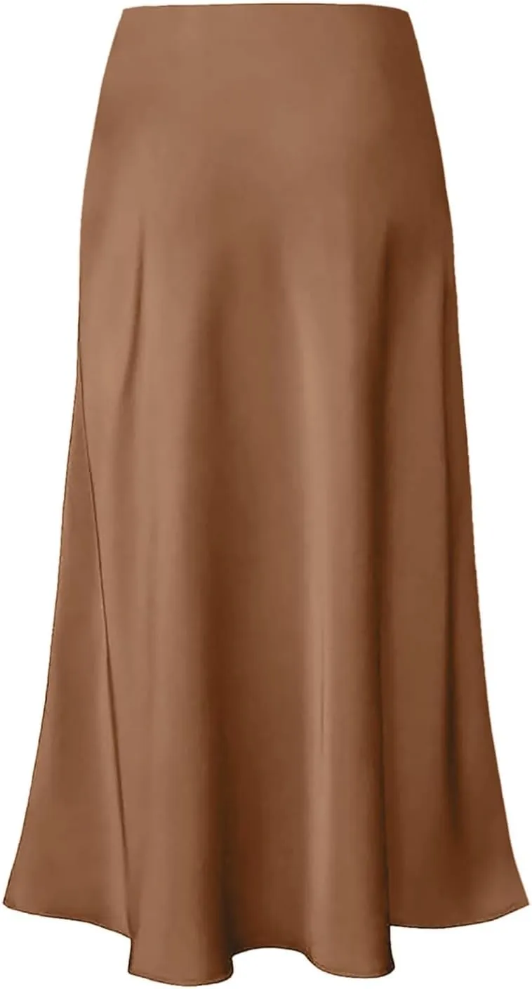 Women's Satin Silk Maxi Skirts High Waist Hidden Elasticized Waistband Flared Casual A Line Midi Skirt Cocktail Party