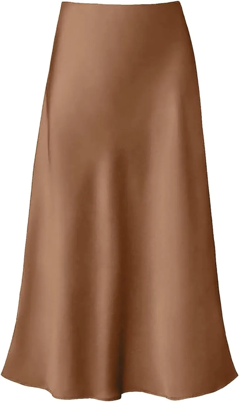 Women's Satin Silk Maxi Skirts High Waist Hidden Elasticized Waistband Flared Casual A Line Midi Skirt Cocktail Party