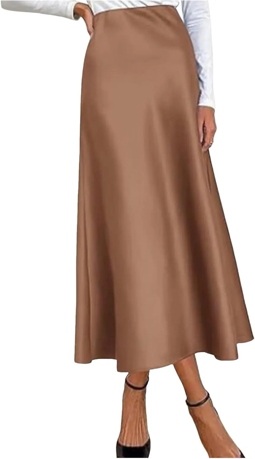 Women's Satin Silk Maxi Skirts High Waist Hidden Elasticized Waistband Flared Casual A Line Midi Skirt Cocktail Party