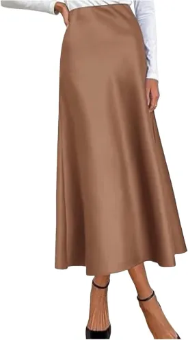 Women's Satin Silk Maxi Skirts High Waist Hidden Elasticized Waistband Flared Casual A Line Midi Skirt Cocktail Party