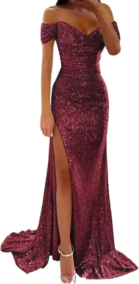 Women's Sequin Prom Dresses with Slit Mermaid Long Ball Gown Ruched Sparkly Formal Evening Gown