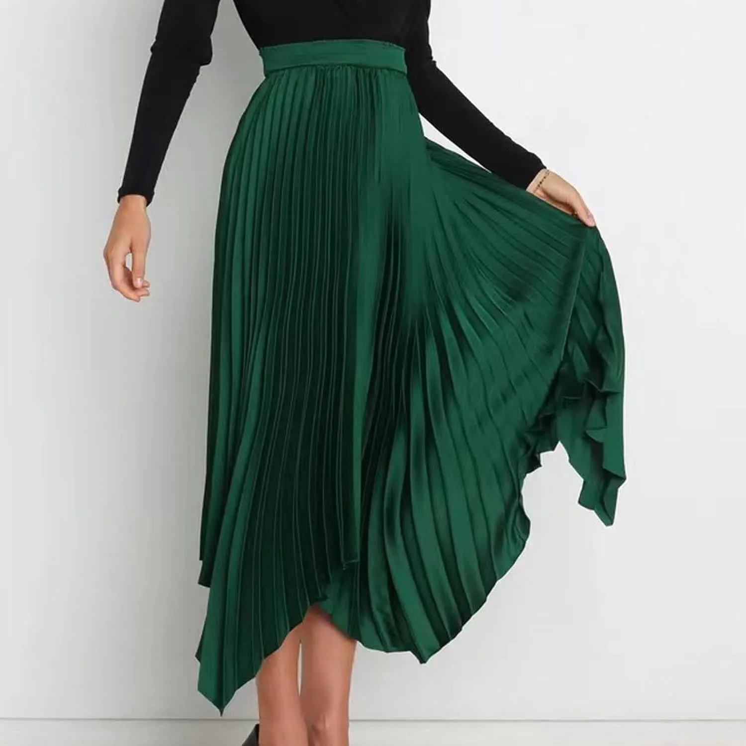 Women's Shirring Pleated Midi Skirt Asymmetrical Hem Trendy Clothes Summer Elastic High Waisted A-Line Swing Skirts
