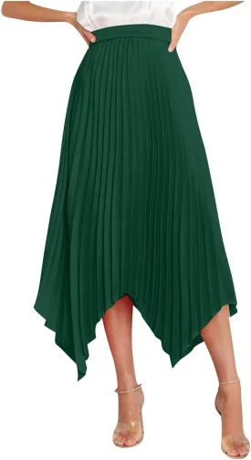 Women's Shirring Pleated Midi Skirt Asymmetrical Hem Trendy Clothes Summer Elastic High Waisted A-Line Swing Skirts