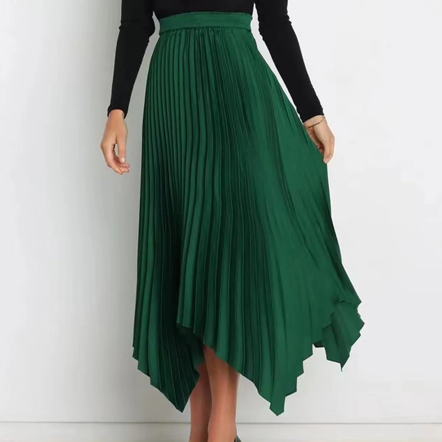 Women's Shirring Pleated Midi Skirt Asymmetrical Hem Trendy Clothes Summer Elastic High Waisted A-Line Swing Skirts
