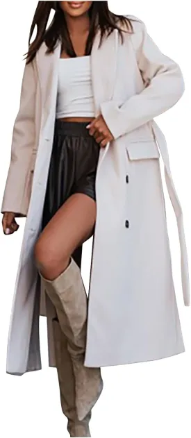 Women's Winter Double Breasted Wool Coat Long Sleeve Notch Lapel Overcoats Midi Long Winter Trench Coats Belt