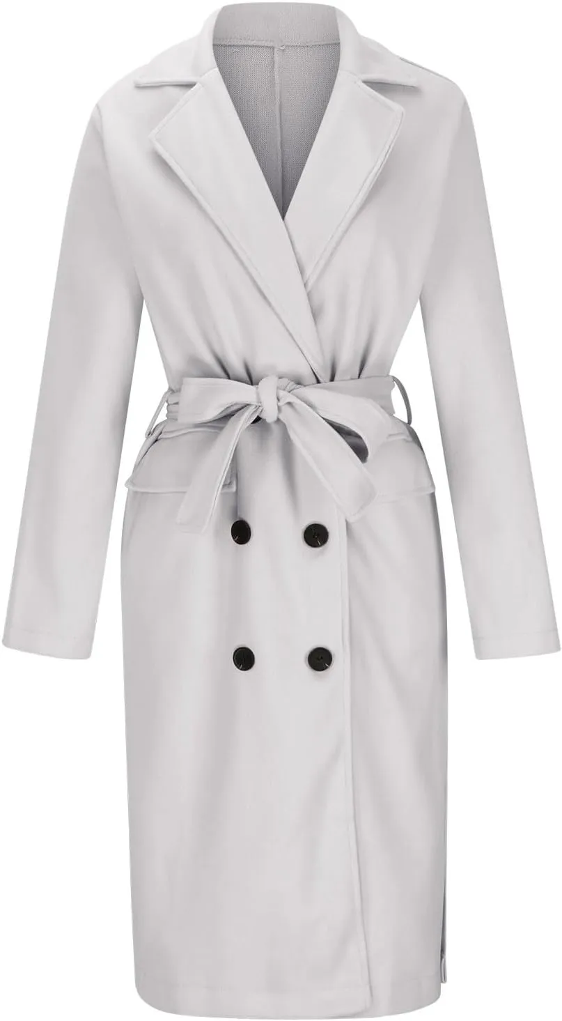 Women's Winter Double Breasted Wool Coat Long Sleeve Notch Lapel Overcoats Midi Long Winter Trench Coats Belt