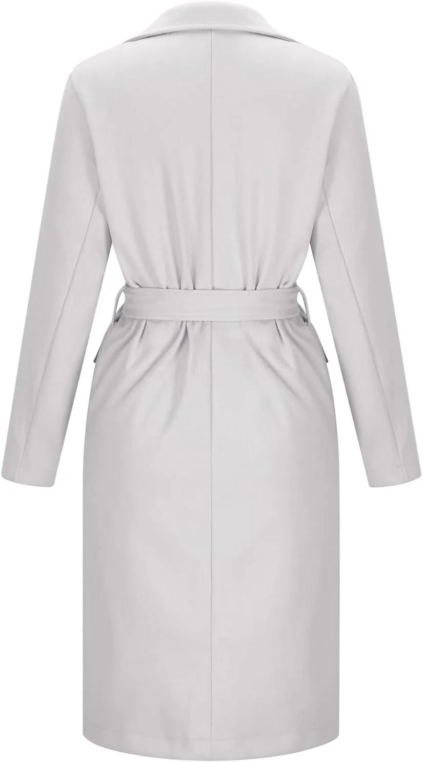 Women's Winter Double Breasted Wool Coat Long Sleeve Notch Lapel Overcoats Midi Long Winter Trench Coats Belt